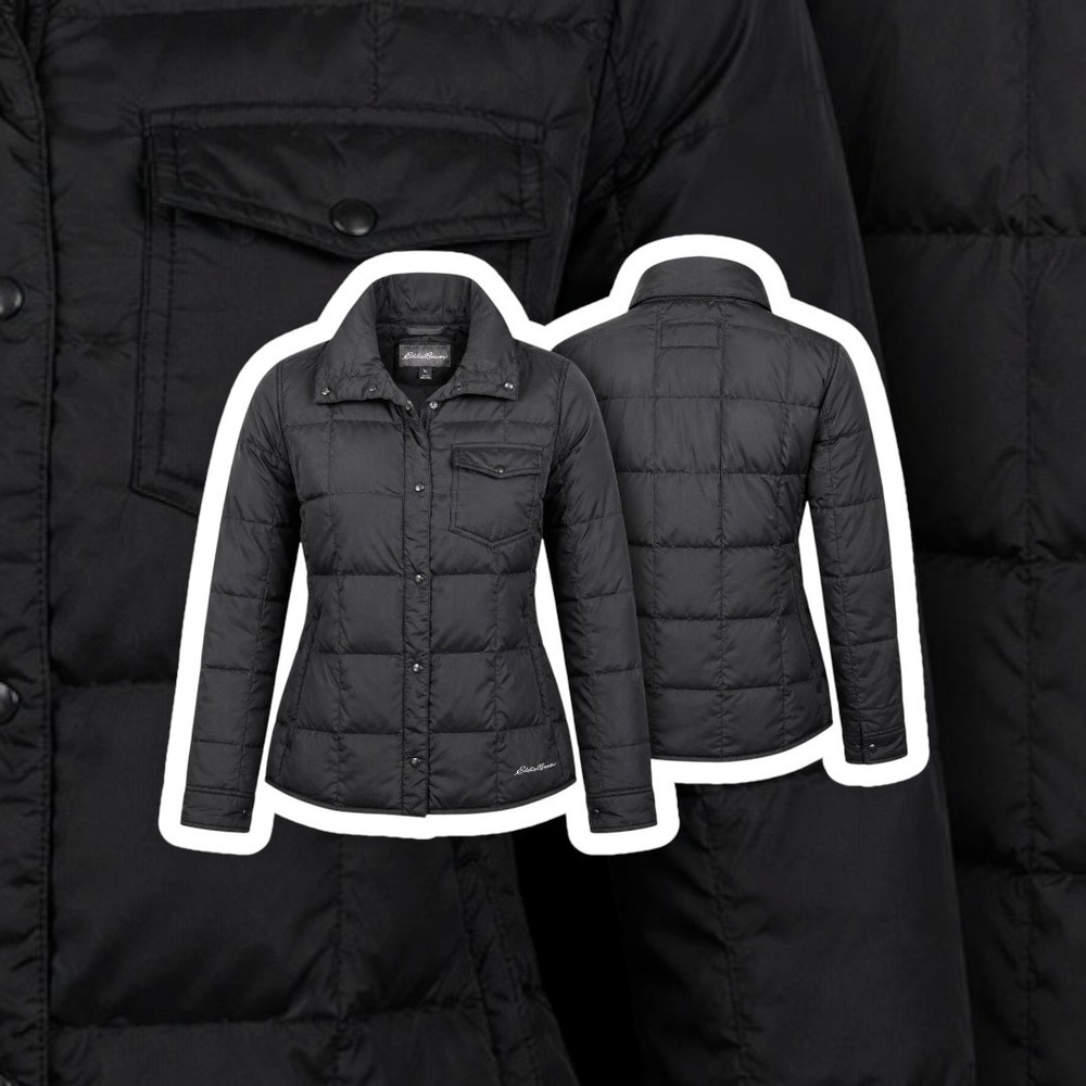 Eddie Bauer Women L Black Lightweight Down Puffer Jacket Snap Front Quilted 650